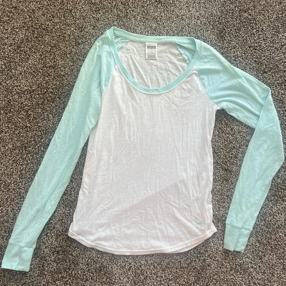 PINK Victoria's Secret Aqua and White Long Sleeve Tee - Picture 1 of 3